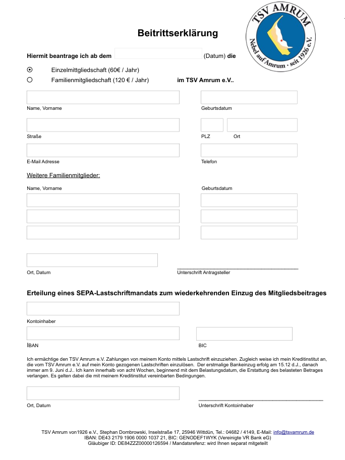 Mitgliedsantrag TSV Amrum
